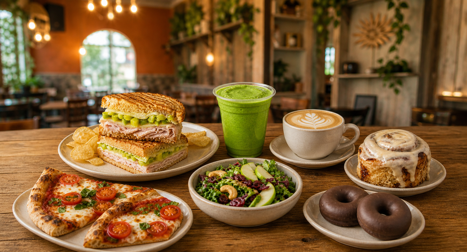 Plated cafe spread with turkey panini, green smoothie, latte, cashew-frosted cinnamon roll, chocolate doughnuts, Margherita pizza, and Super Food Green Salad